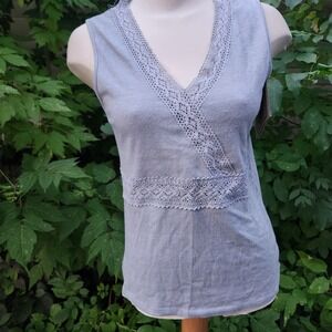 Earth Collection Sleeveless Top Size L Lace Trim Detail Cotton Silk Blend Gray